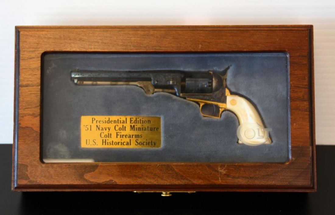Presidential Edition 51 Navy Colt Miniature: Presidential Edition 51 Navy Colt Miniature in original mahogany display case #45. This is a 47% scale miniature offered by the United States Historical Society in the 1980?s. Untested