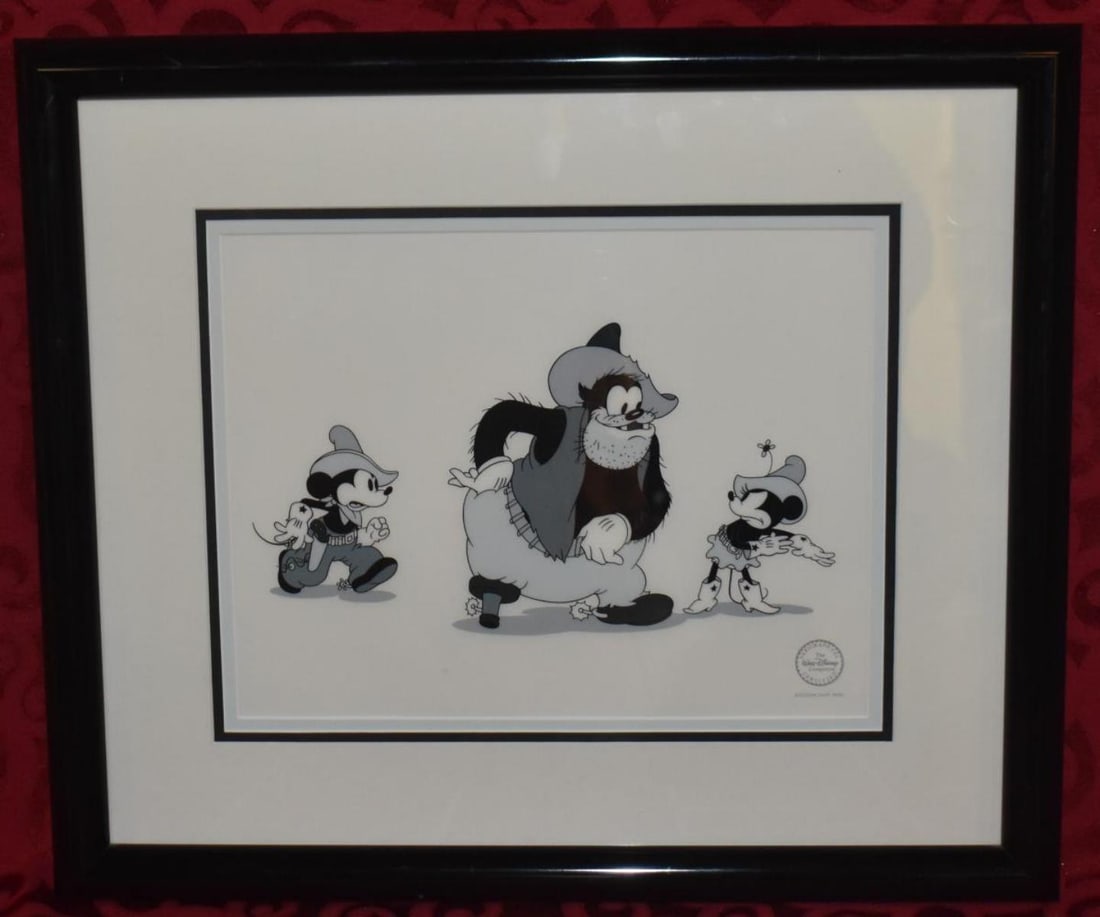 Mickey Mouse Serigraph Cel: Mickey Mouse Serigraph Cel. Matted frame Serigraph measures 21"x18". Cowboy Mickey Mouse comes in to save the day Disney's 1934. Embossed Disney logo located in the lower right hand corner of the Seri