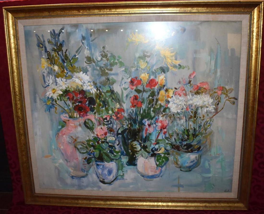 Edna Hibel Frame Art: Edna Hibel Frame Art. Gold frame measures 46 1/2"x40". titled "First Anniversary Flowers". Printed in 1986 in Zurich, Switzerland. Hibel name located in lower right hand corner. Edna Hibel frame art i