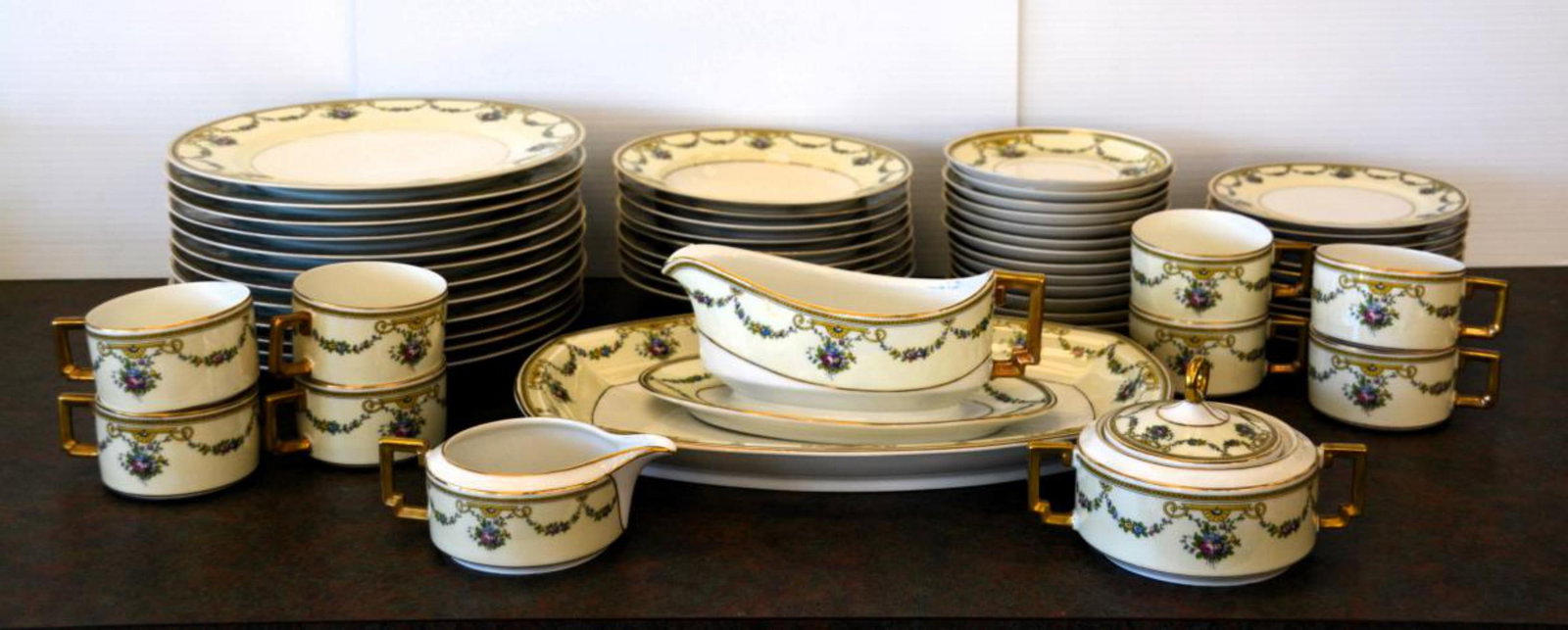 H & C China Dishes Bavaria Germany Stratford: H & C China Dishes Bavaria Germany Stratford, includes 12 dinner plates 10", 12 bread & butter plates 6 3/8", 4 tea cups/coffee, 10 saucers, 9 soup/cerial bowls, sugar & creamer, and gravy boat, does