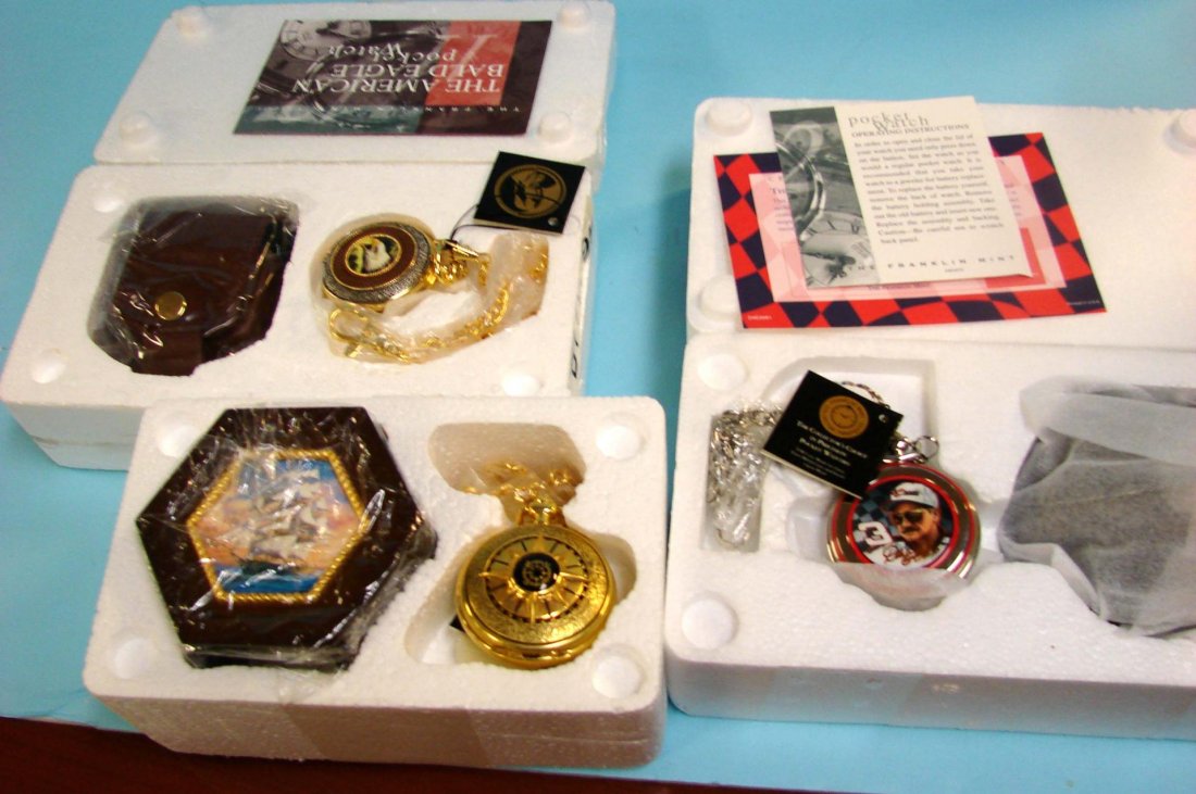 3 Franklin Mint Pocket Watches incl. Dale Earnhart: 3 Franklin Mint Pocket Watches - Dale Earnhart, a Compass watch with case, and a bald eagle; original packing, like new.