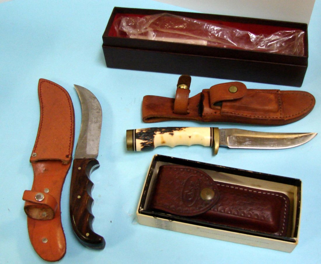 3 Knives: Shrade, Case & Solingen: Shrade Curved Knife with sheath & sharpener, Case Folding Knife with sheath and Solingen Trapper Knife