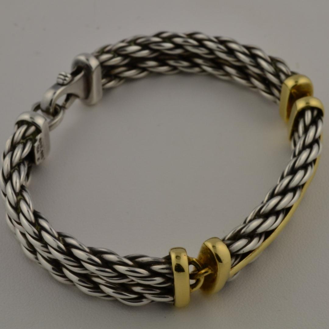 18k yg David Yurman Mans Bracelet: 18k yg David Yurman Mans Bracelet. 11mm wide bracelet triple braid with 18k yg accents on 925 silver. Length 6" 39.3gr