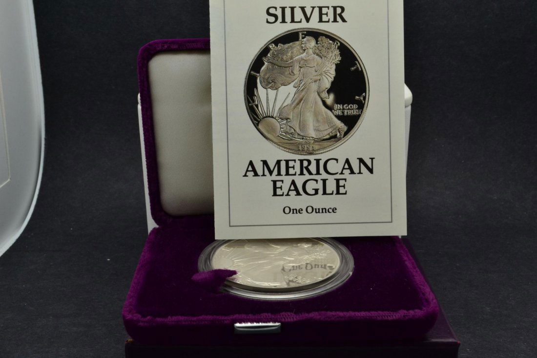 1991 $1 Silver American Eagle W/ Box & Papers PF: 1991 $1 Silver American Eagle With Box & Papers PF