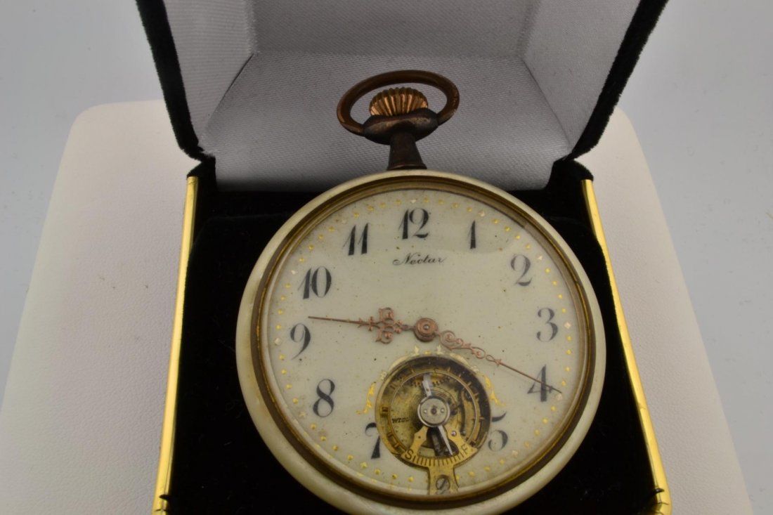 Nectar Mother of Pearl Pocket Watch: Nectar Mother of Pearl Pocket Watch. 50mm case. NOT working. Beautiful Vintage hour hands. Open double dial face.