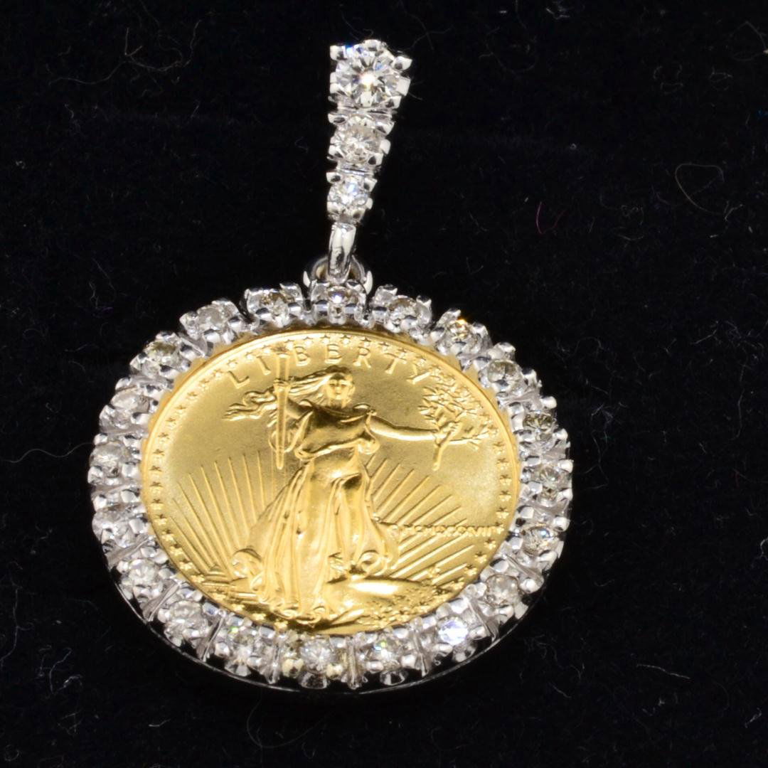 14k wg American Eagle Diamond Pendant: 14k wg American Eagle Diamond Pendant. 1/10th oz. Fine Gold Coin with 25 Diamonds surrounding the coin. .33ctw in Diamonds. Clarity SI, Color H , Length 1", 6.3gr