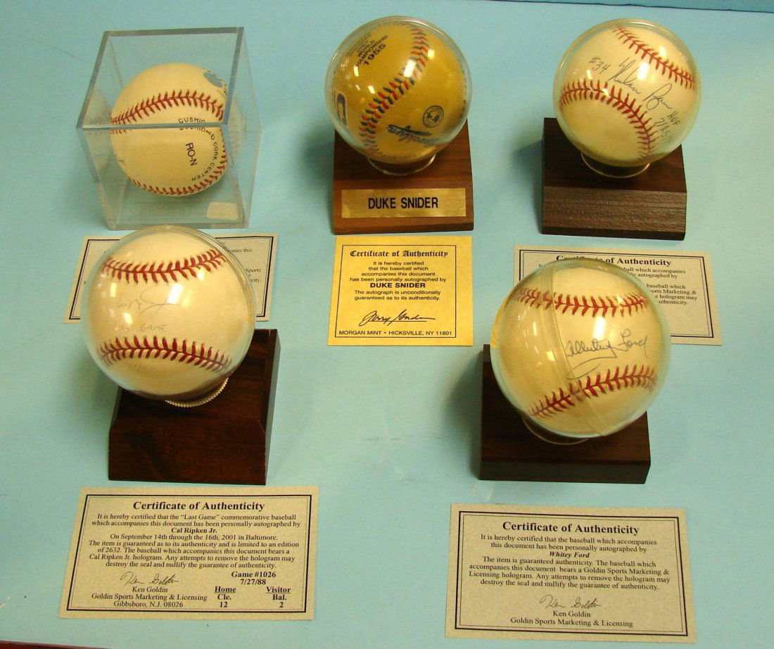 5 Signed Baseballs: Rose Ryan Ripkin Snider Ford: 5 Signed Baseballs: Pete Rose, Nolan Ryan, Carl Ripkin Jr, Duke Snider and Whitey Ford, all with COA's.