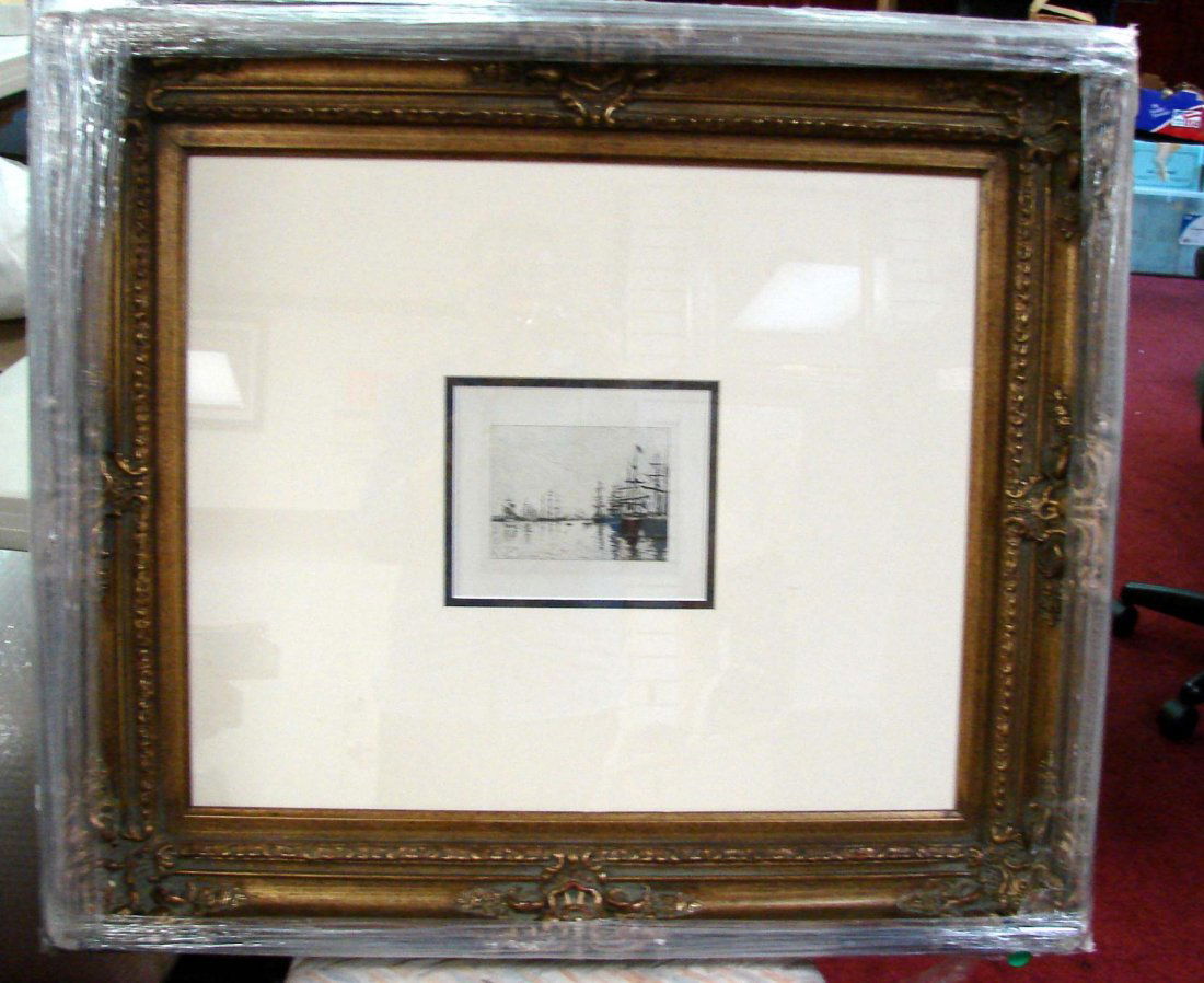 Etching Eugene Boudin "Le Port de Trouville": Framed & matted under glass Dry Point Etching by Eugene Boudin "Le Port De Trouville", circa 1892; COA from L'Art Impressioniste M. Durant-Ruel. Framed size 33" x 28" (Small piece of frame broken - se