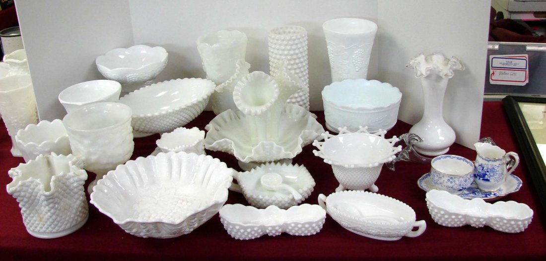 Huge lot of Vintage Milk Glass - Fenton, etc.: Huge lot of Vintage Milk Glass - Fenton, etc., including a Silver Crest Vase and an Epergne.