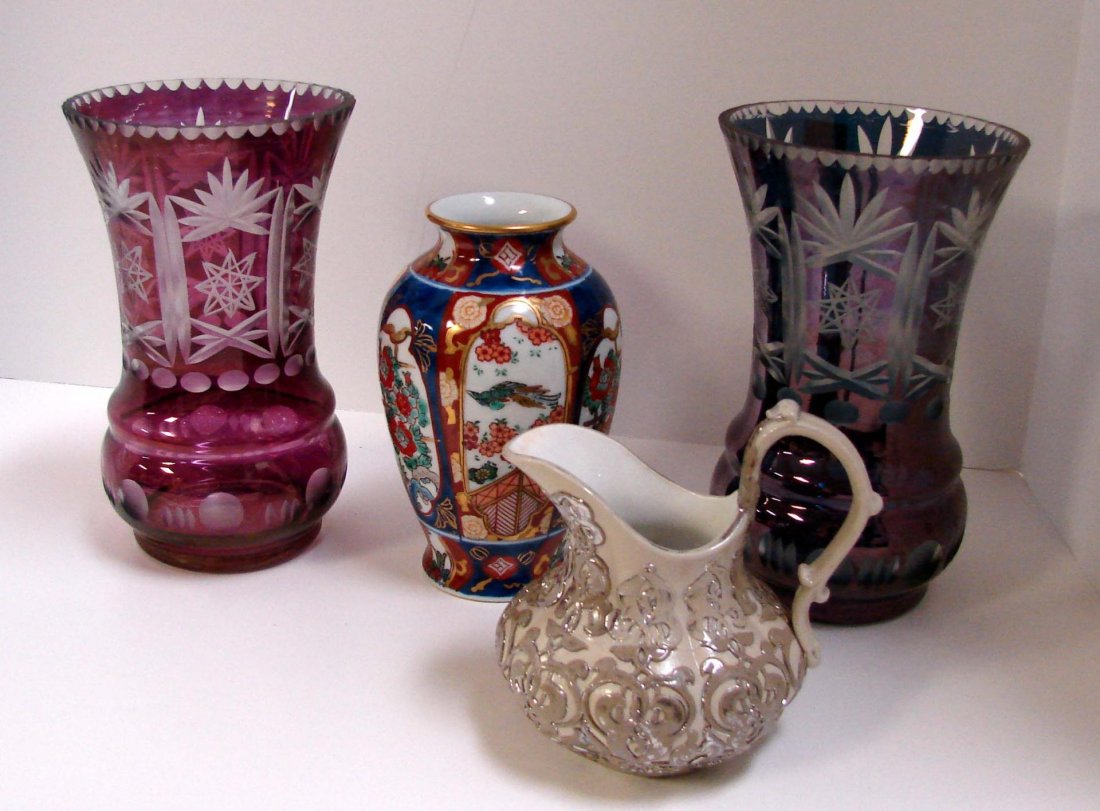 2 Cut to Clear Vases, Imari Vase, Antique Pitcher: 2 Cut to Clear Vases 7" tall, one cranberry and one blue - slight rim chips, Imari Vase, Antique Pitcher (approx. 150 years old, no chips.