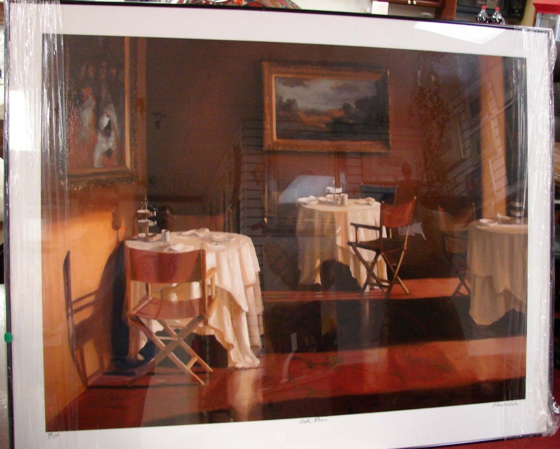 Signed Silkscreen Print Robert White "Cafe Roma": Framed under Glass Signed Silksreen Print by Robert White "Cafe Roma", signed by artist, with COA from Fine Arts Showcase, 45" x 36".