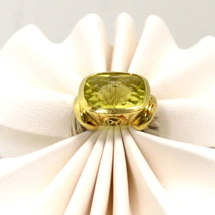 18kyg & sterling Lemon Citrine ring David Yuman: Lemon Citrine ring by David Yurman in 18kyg and sterling with cushion shaped Lemon Citrine, bezel set and finger size 53/4. 10.2gm.