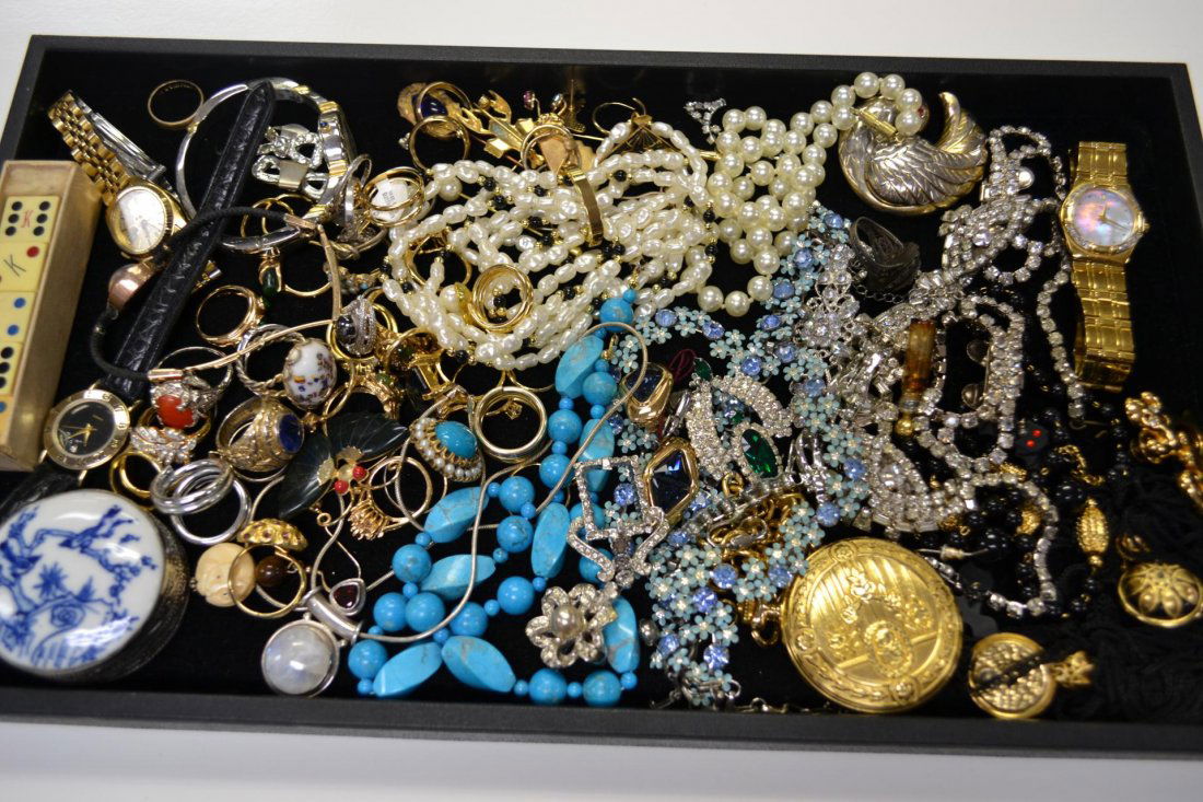 Lot of costume jewelry & more: Lot of costume jewelry including pocket watch, rhinestone pieces, silver pill box, vintage dice, lady's Citizen Eco Drive with pearl and diamond face and more.