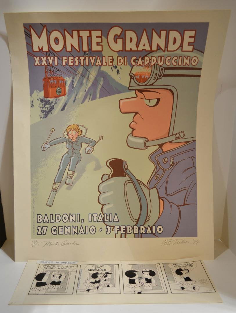 Gary Trudeau Signed Poster & Nancy Signed Strip: Gary Trudeau Signed Poster of Monte Grande XXVI Cappucino Festival & Nancy Comic Strip Signed by Jerry Scott.