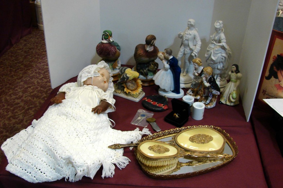 Vintage lot: Bisque German,Sadek & B&G figurines: Vintage lot consisting of a pair of white bisque German figurines, a B&G figurine, pair of ducks by Sadek, Lefton duck, antique doll (damaged) & more.