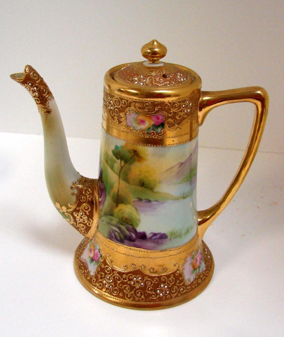 Hand Painted Nippon Demi-Tasse Coffee Pot: Hand Painted Nippon Demi-Tasse Coffee Pot, with a Morimura mark on bottom; no chips. c late 1800's or early 1900's.