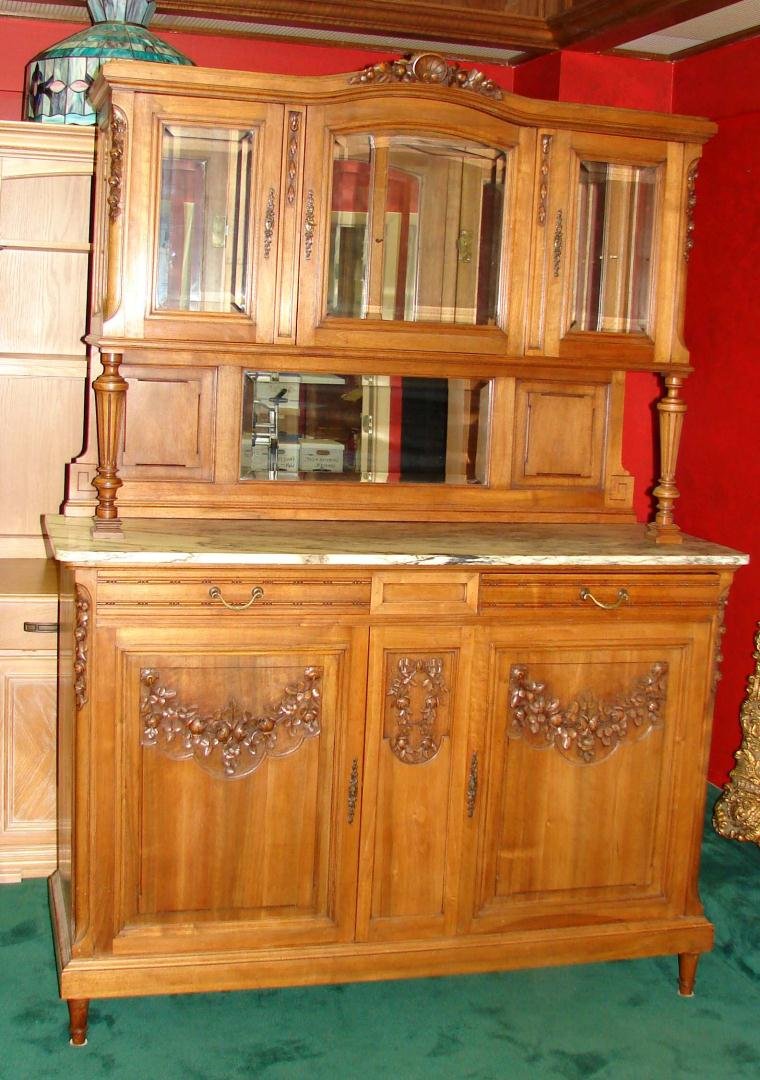 Antique (c1800's) Oak Country French Buffet: Antique Oak Country French 3 pc. Buffet with marble top, all beveled glass in doors, and mirrored back, hand carved design, dovetailed, grooved and slotted; glass shelf for top half, top piece has mir