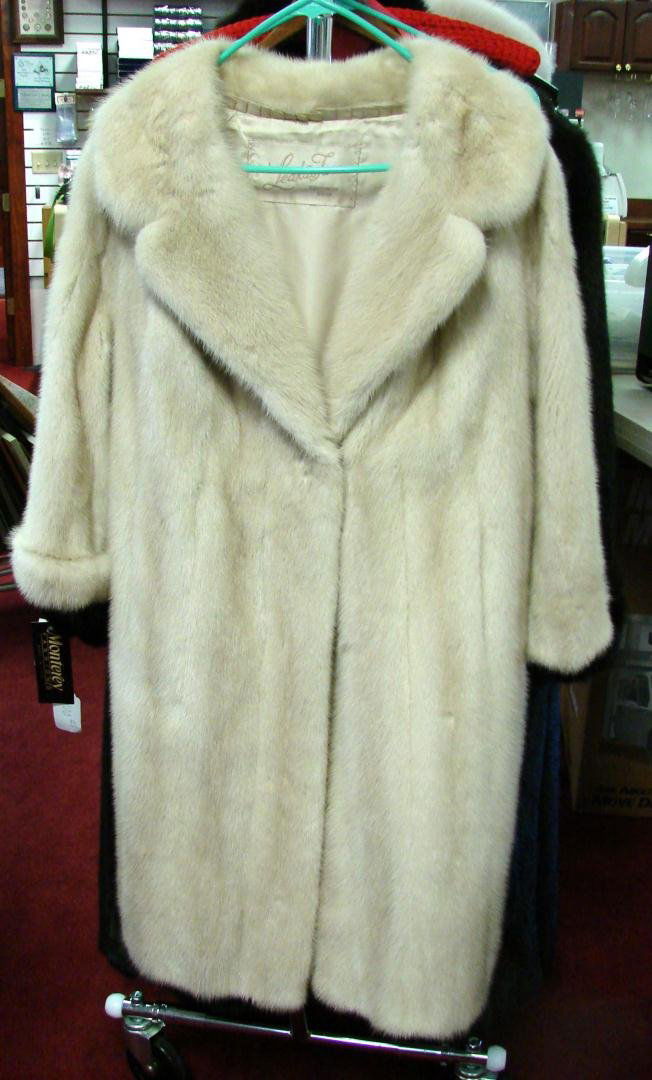 Blond Mink Coat with Collar: Blond Mink Coat with Collar, 17" across shoulder, 38" long, 19" sleeve length, half belt in back.