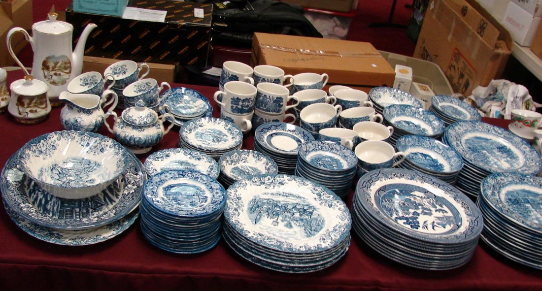 Huge Lot of Blue & White China & Ironstone: Huge Lot of Blue & White Fine China and Ironstone Diner5 Ware: Staffordshire "Liberty Blue" Scenes, Johnson Bros. Coaching Scenes and Staffordshire Churchill Fine China. We see no chips but sold as is