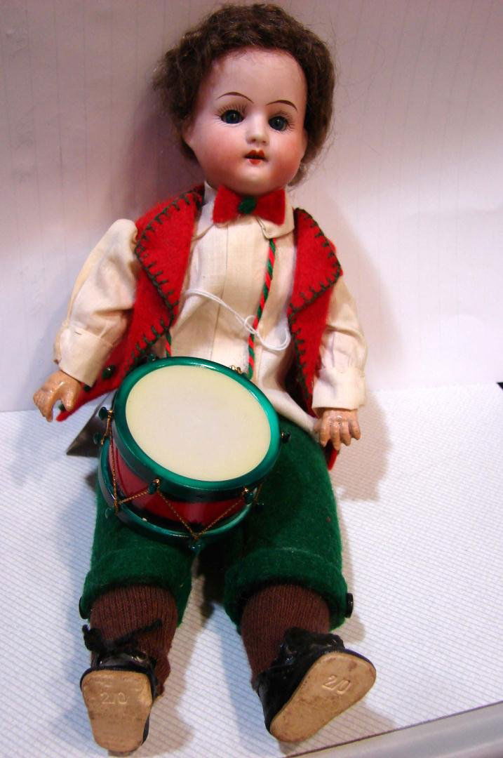 Antique Heubach German Boy Doll with Drum: Antique Heubach German Boy Doll with Drum, sleep eyes, 10.5" tall. Need cleaning.