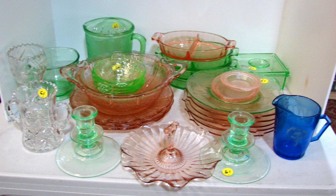 Lot of Assorted Depression Glass incl S. Temple: Lot of Assorted Depression Glass, pink and green, including a pair of candleholders, a blue Shirley Temple Cup and some assorted kitchenware.