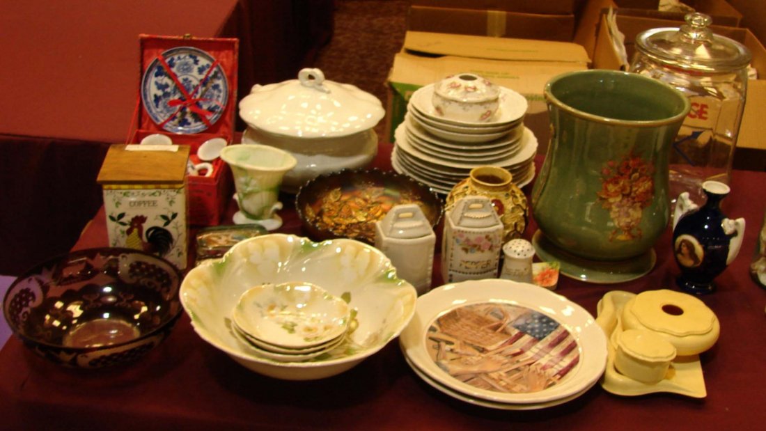 Huge Vintage Lot Household incl. Longaberger: Huge Vintage Lot of household goods including Longaberger Plates, Tea Set, Carnival Glass, pottery, Meakin Covered Tureen, Lance cracker jar, etc.