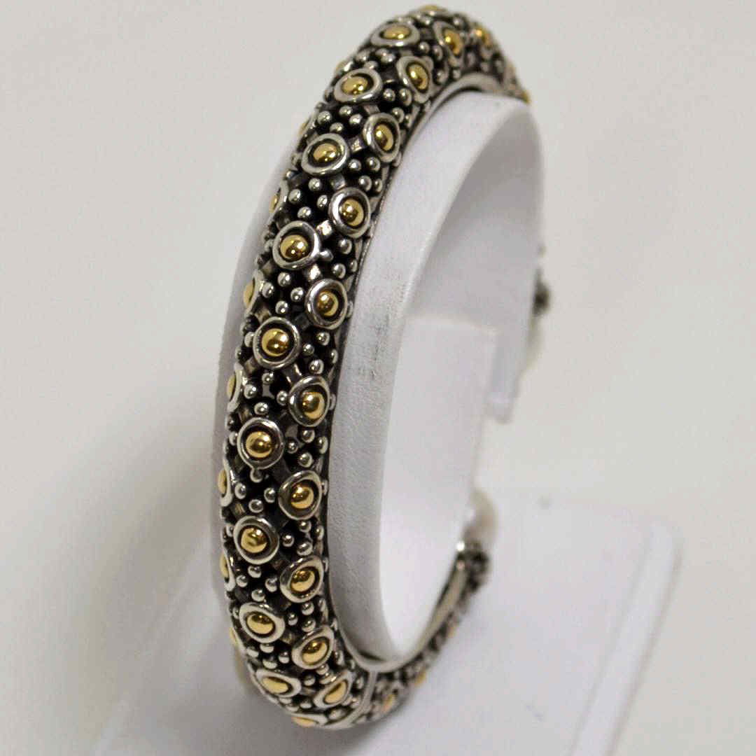 18k & Sterling Bracelet John Hardy: 18kyg and sterling Jaisalmer Pearl cuff bracelet with circles of 18k bezeled in sterling with pearl ends.