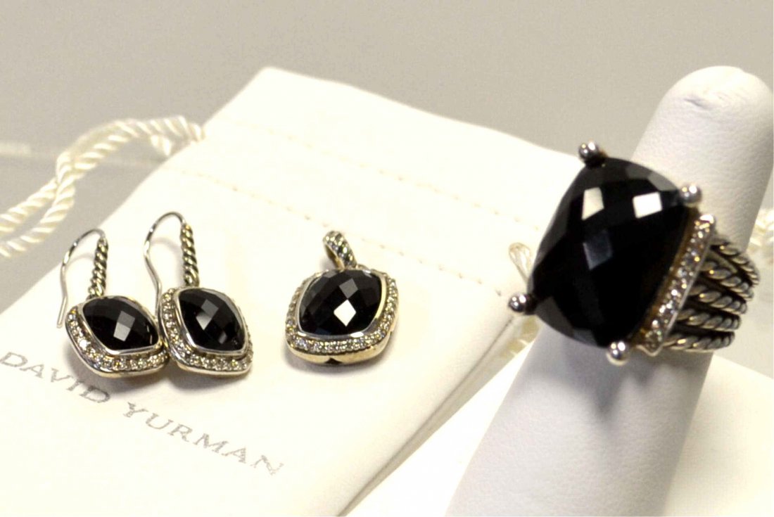 Suite of David Yurman Onyx & Diamond Jewelry: Suite of David Yurman jewelry including cable ring with onyx and diamonds, onyx and diamond drop earrings and matching pendant.