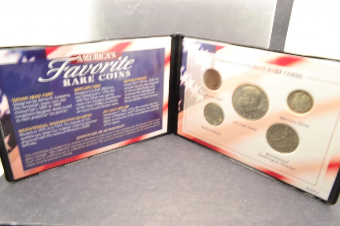 America's Favorite Rare Coins: America's Favorite Rare Coins-Incudes an Indian Head Penny, JFK Half Dollar, Mercury Dime, Buffalo Nickel, and Bicentennial Washington Quarter