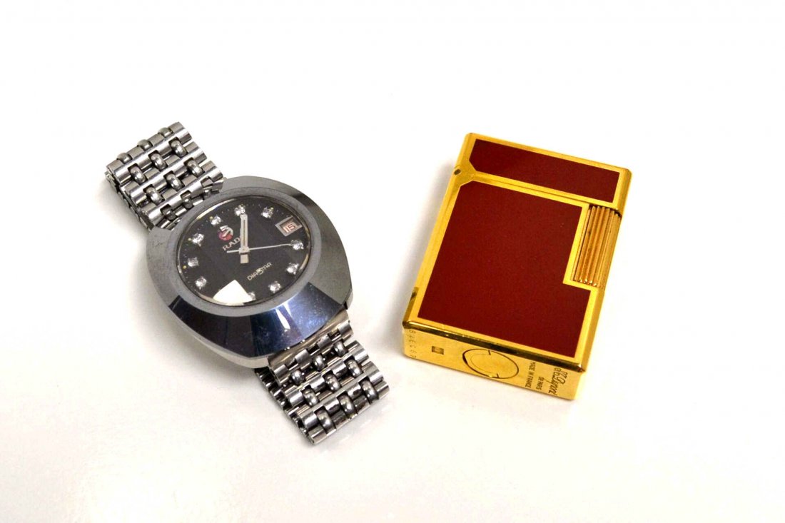 Red Lacquer Dupont Lighter & Rado Watch: Dupont lighter in Chinese Red Lacquer and goldplate and stainless Rado Diastar automatic watch.