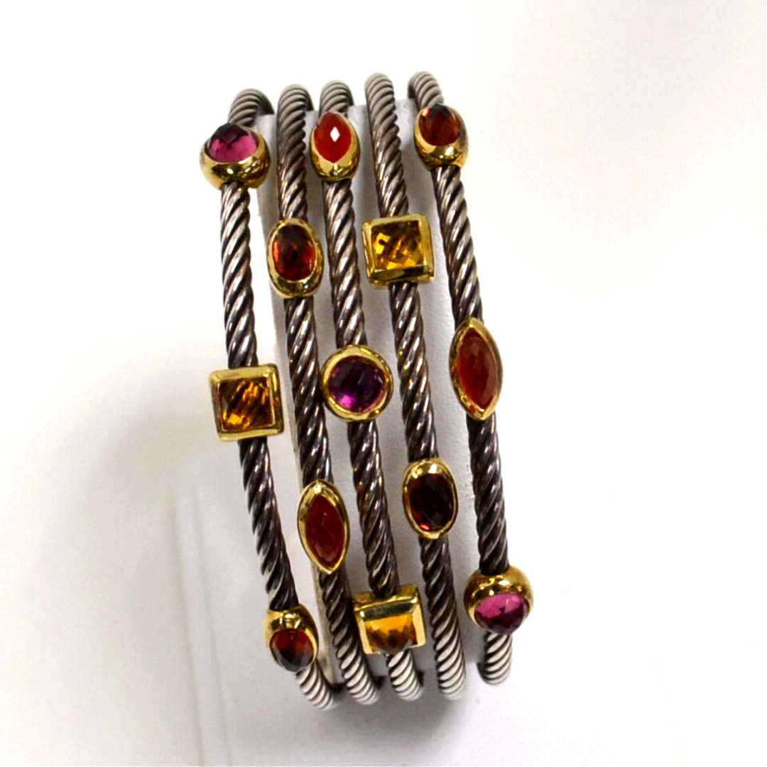 Sterling Confetti Bracelet David Yurman: Sterling 5 cable confetti bracelet by DY with bezel set colored stones, tourmaline, opal, citrine and garnet . 55.7gm