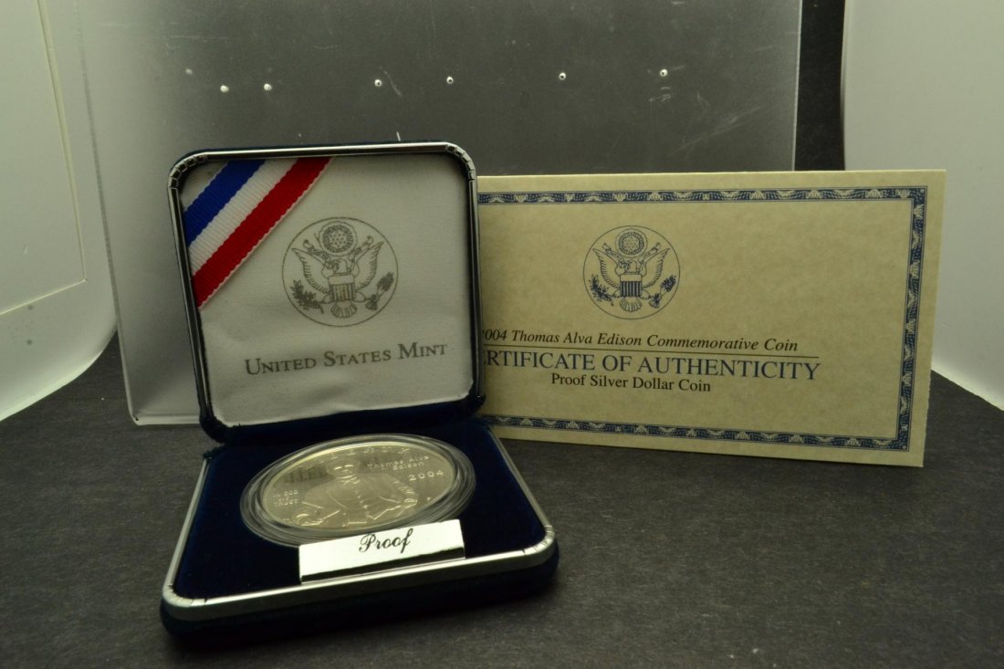 2004 US Mint Thomas Edison Comm. Silver Coin PF: 2004 US Mint Thomas Alva Edison Commemorative Silver Coin Proof w/Box and Papers