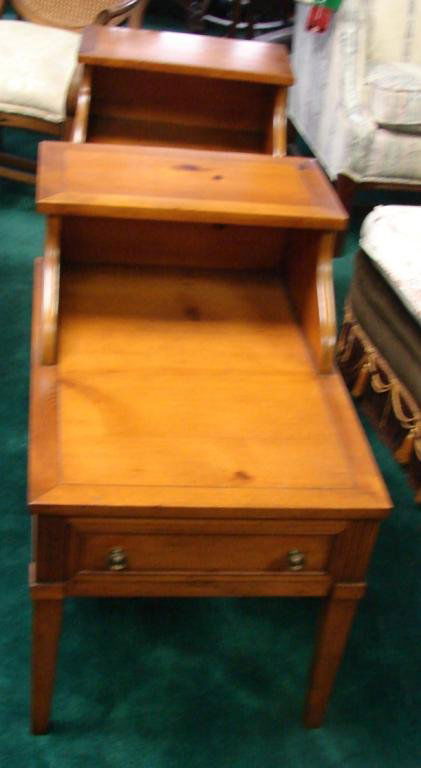 Pair Brandt Furniture Step End Tables: Pair Brandt Furniture Step End Tables 26" l x 18" w x 27" h; each w/brass plaque inside drawer. Brandt Furniture, located in Hagerstown, MD, is known as "furniture of character" for its high quality.