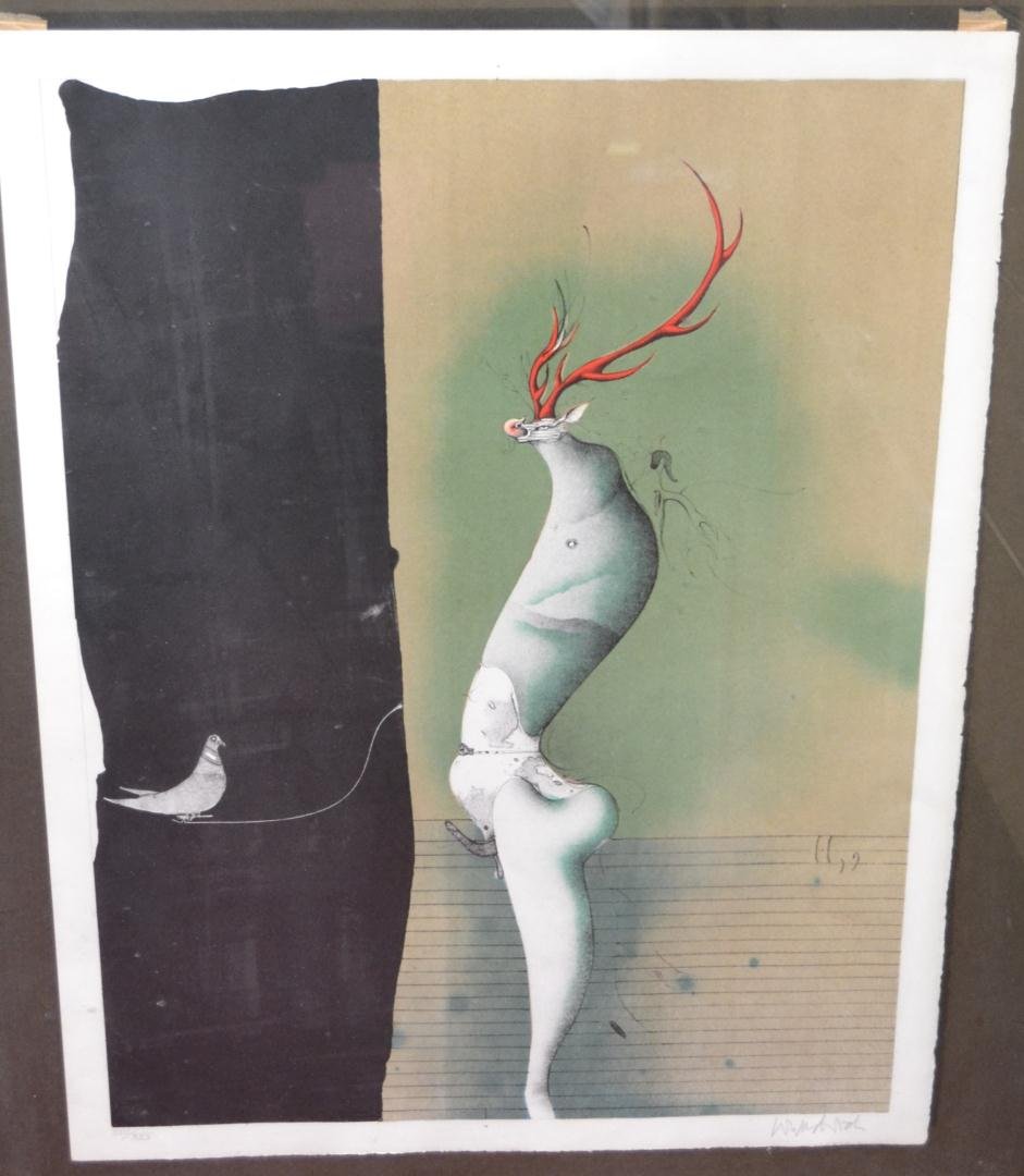 Signed Paul Wunderlich Lithograph in Colors: Framed lithograph composition in colors by German artist Paul Wunderlich (1927-2010). Signed and numbered XVII/XXX and is 1 of 10 lithographs from The Song of Songs Which Is Solomon’s, 1969/1970. Fr