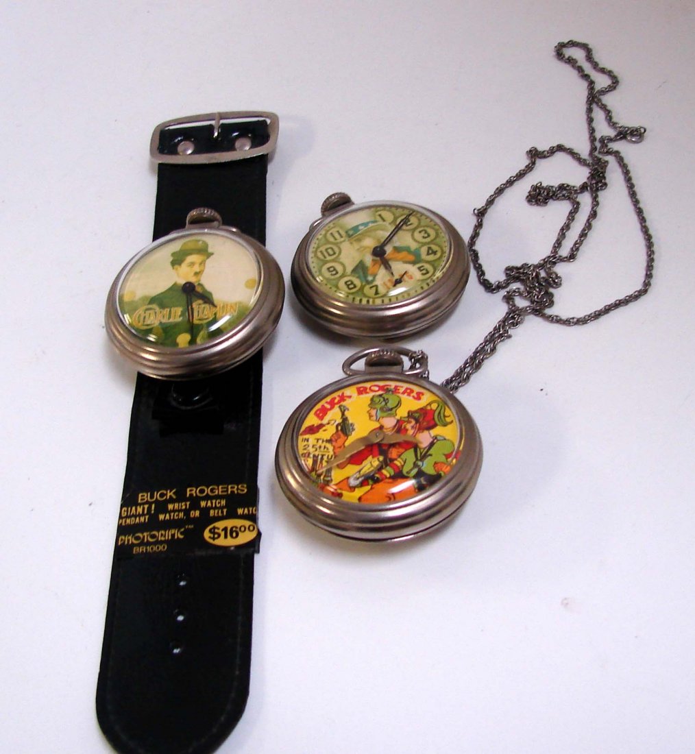 3 Vintage Watches - Buck Rogers, Chaplin, Uncl Sam: Buck Rogers Watch 1971, Charlie Chaplin Watch made by Buck Rogers, and an Uncle Sam Watch.