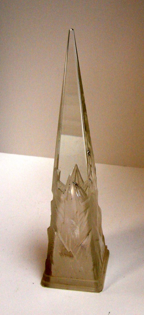 Clear & Frosted Glass Art Deco Obelisk: Clear & Frosted Glass Art Deco Obelisk, 10 tall."