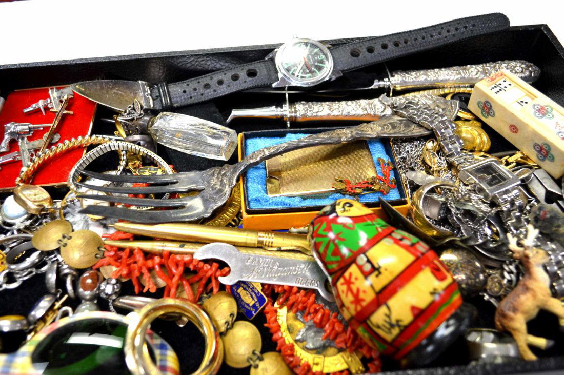 Lot of Assorted Jewelry & Misc Stuff: Lot of interesting stuff; jewelry, watches, cuff links, flatware, dice, miniature animals, sunglasses, beer can opener, lighter, pens and more.