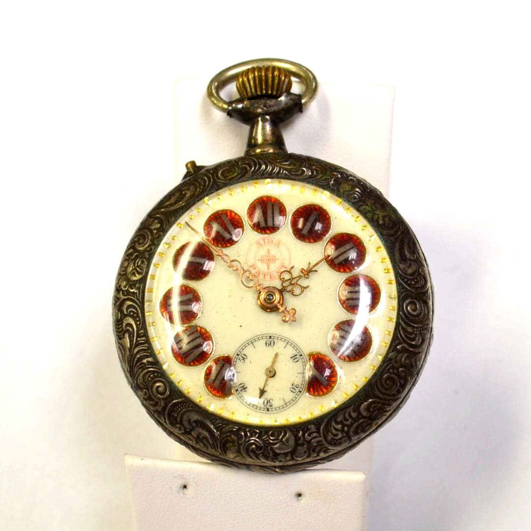 Vintage Systeme Roskopf Pocket Watch: Vintage Systeme Roskopf pocket watch in 800 silver with cream and orange enamel dial and roman numerals, second hand, filigree hands and 52mm case. Needs some movement work. 91gm