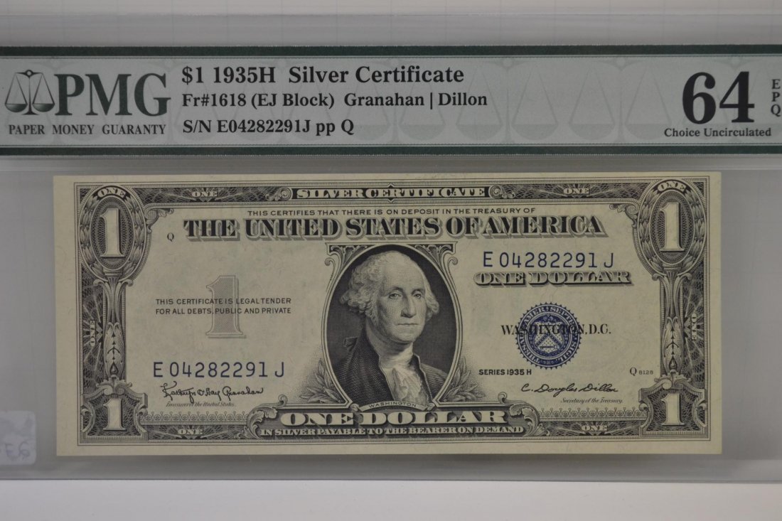 $1 1935H Silver Certificate PMG 64 EPQ: $1 1935H Silver Certificate PMG 64 EPQ-Fr#1618 (EJ Block) Granahan/Dillon-S/N E04282291J pp Q