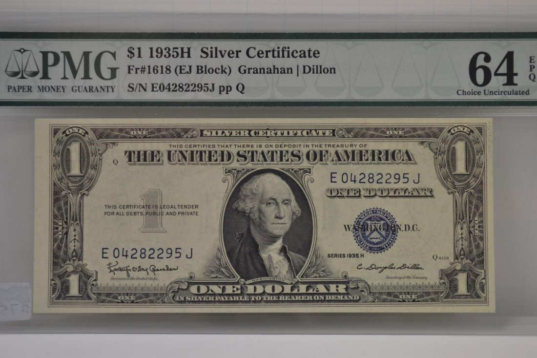 $1 1935H Silver Certificate PMG 64 EPQ: $1 1935H Silver Certificate PMG 64 EPQ-Fr#1618 (EJ Block) Granahan/Dillon-S/N E04282295J pp Q