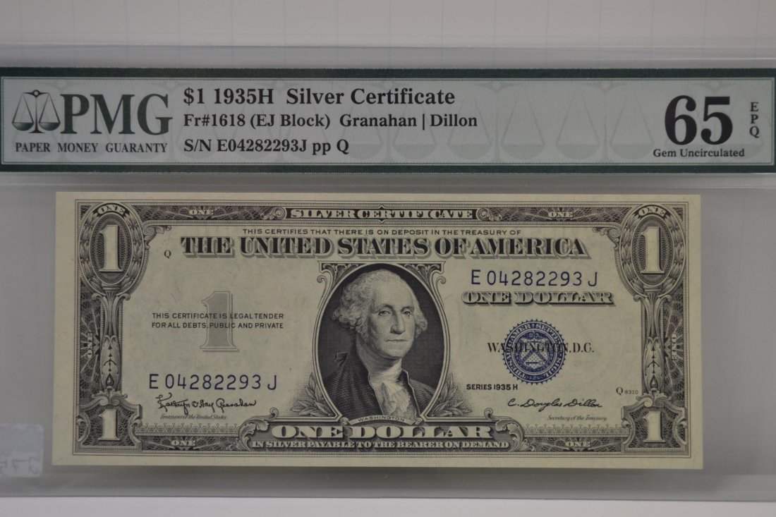 $1 1935H Silver Certificate PMG 65 EPQ: $1 1935H Silver Certificate PMG 65 EPQ-Fr#1618 (EJ Block) Granahan/Dillon-S/N E04282293J pp Q