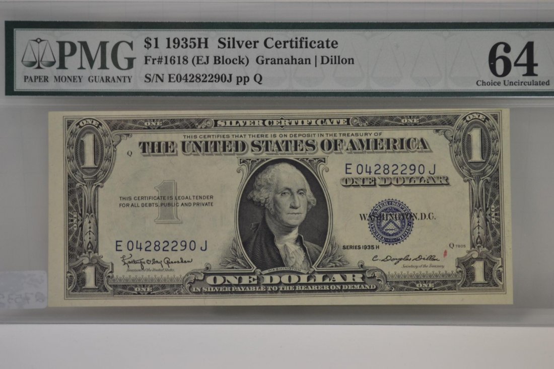 $1 1935H Silver Certificate PMG 64: $1 1935H Silver Certificate PMG 64-Fr#1618 (EJ Block) Granahan/Dillon-S/N E04282290J pp Q