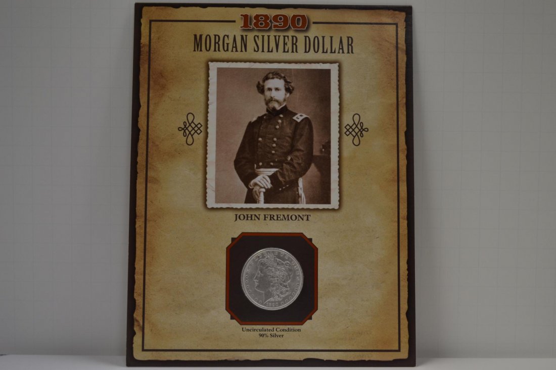 1890 $1 Morgan "John Fremont" Cache with Stamp U: 1890 $1 Morgan "John Fremont" Cache with Stamp UNC
