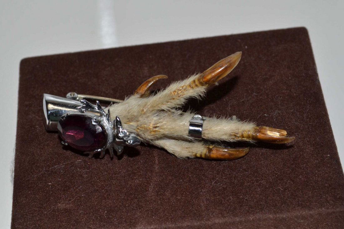 Taxidermy Bird Claw kilt Clip: Unique and collectable taxidermy Scotish kilt clip of a bird claw from the '40s with silver plated cap adornment with synthetic alexandrite stone and hearts and arrow Mizpah.