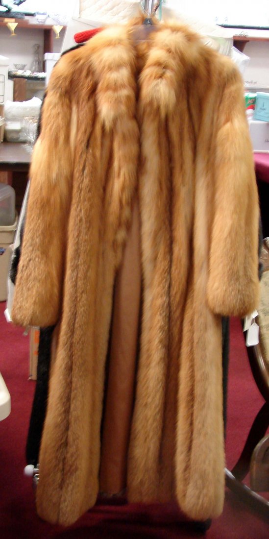 Full length Cherry Red Fox Fur Coat: Full length Cherry Red Fox Fur Coat made with 25 pelts, probably size 8 to 10. 18" across shoulders, 50" long, 23" sleeve length.