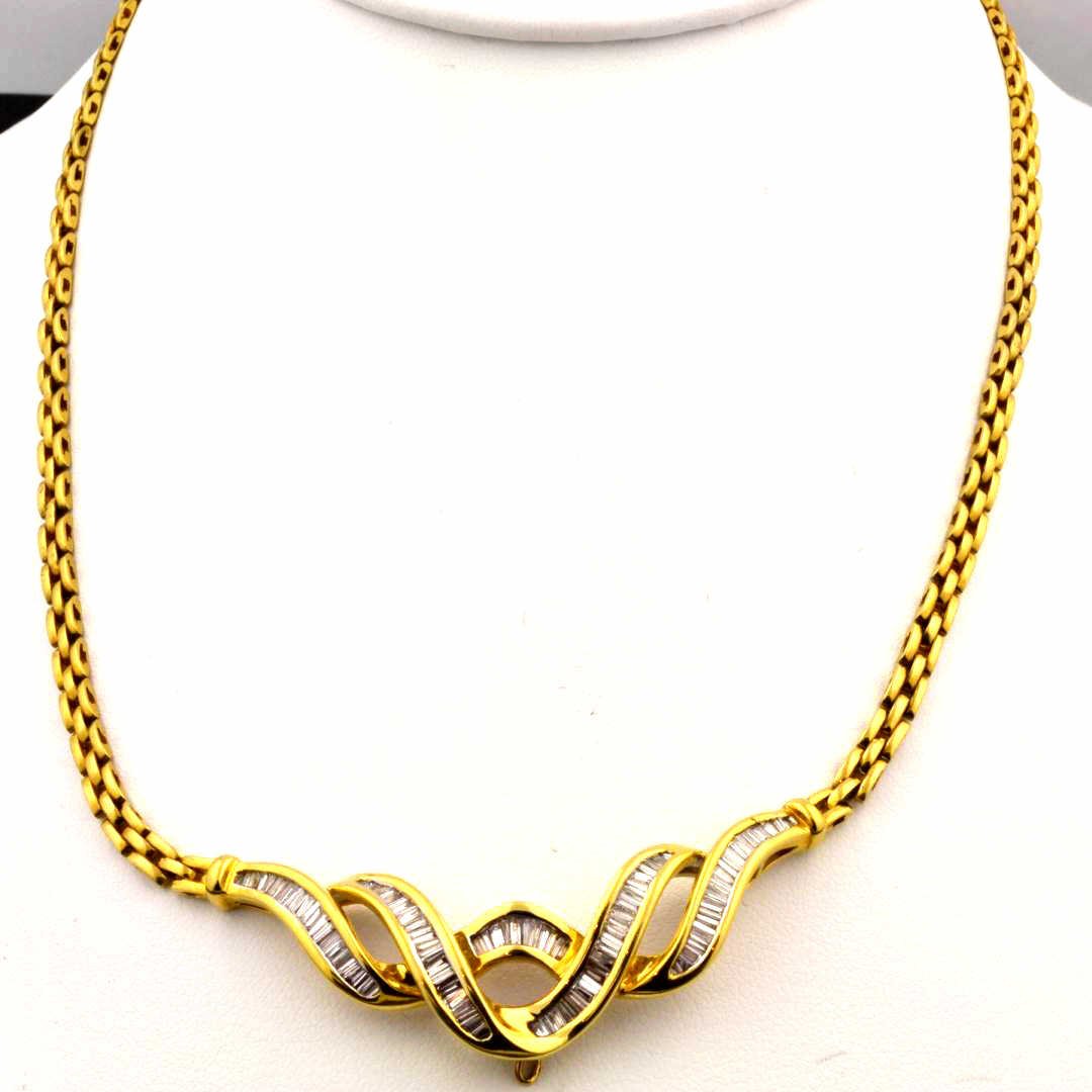 14k yg Diamond Necklace: 14k yg diamond necklace, 16 choker with over 80 baguettes clarity SI, Color H, 25.3gr"