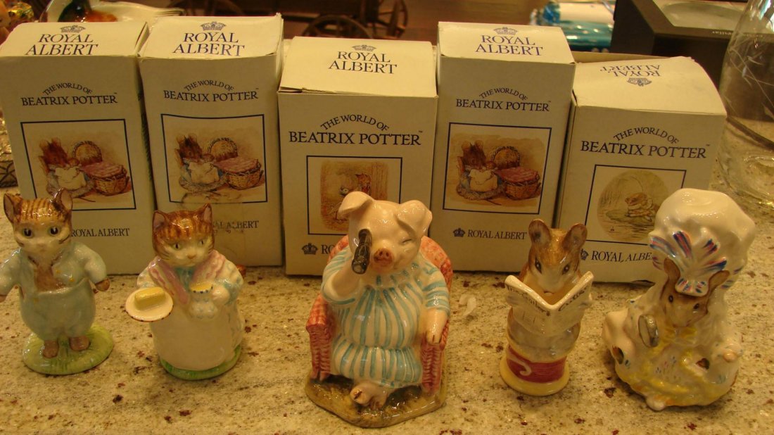5 Royal Albert Beatrix Potter Figurines: 5 Royal Albert Beatrix Potter Figurines, in original boxes: Tom Kitten, Ribby, Little Pig Robinson Spying, Tailor of Gloucester and Lady Mouse, no chips.