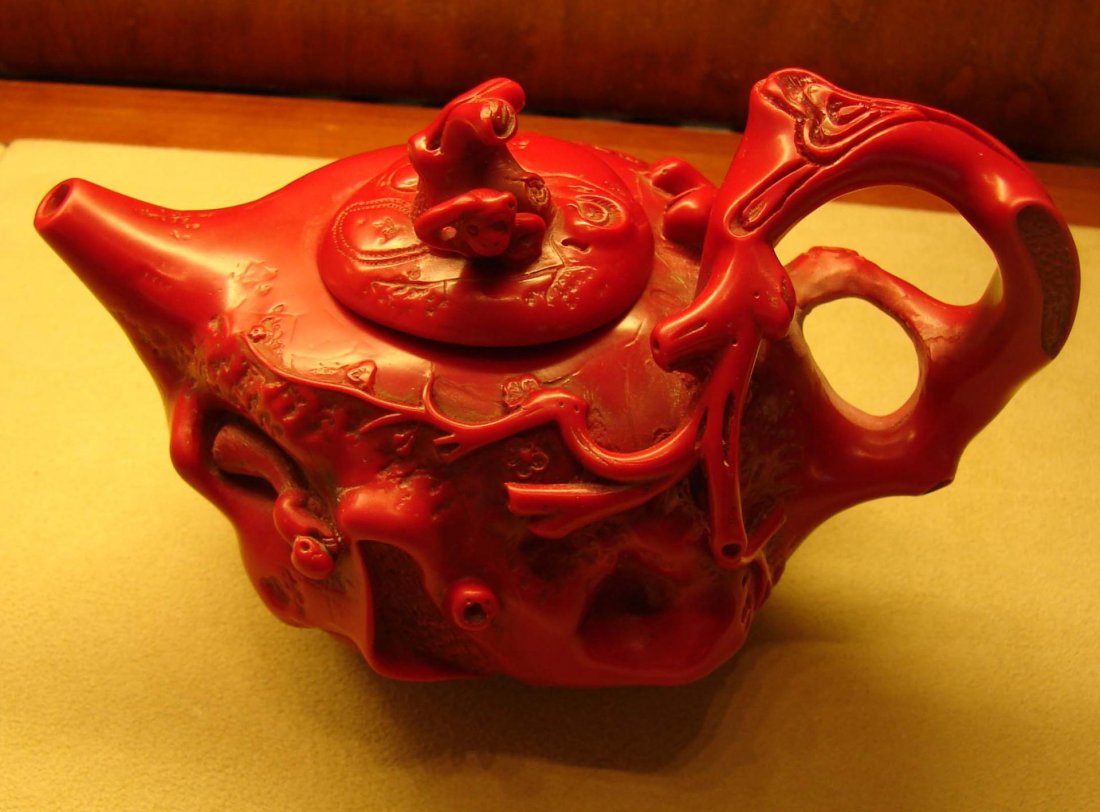 Chinese Red Cinnabar Carved Tea Pot Signed: Chinese Red Cinnabar Carved Tea Pot, signed on bottom..
