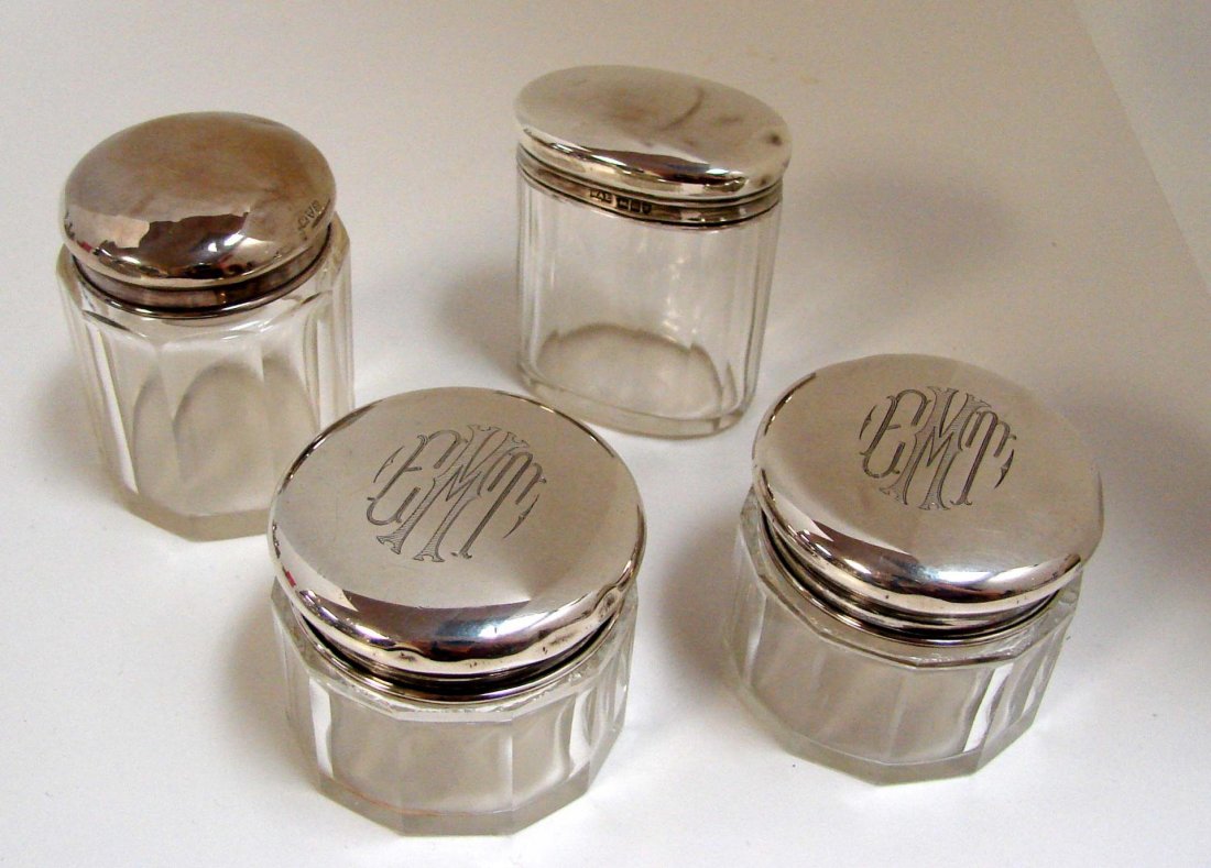 4 Antique Vanity Jars with Sterling Silver Lids