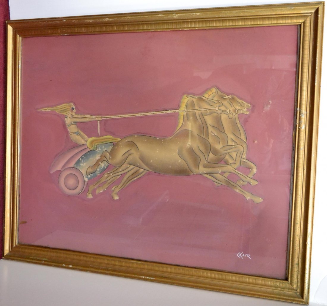Original Mixed Media by Kaitz Woman on a Chariot: Original Mixed Media Art Deco painting by Gustave Kaitz of a Woman on a Chariot with 3 horses, framed under glass. 33" x 27". Some damage under glass.